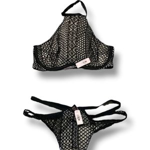 Victoria Secret Tan and Black Fishnet Barlett and Thong Set